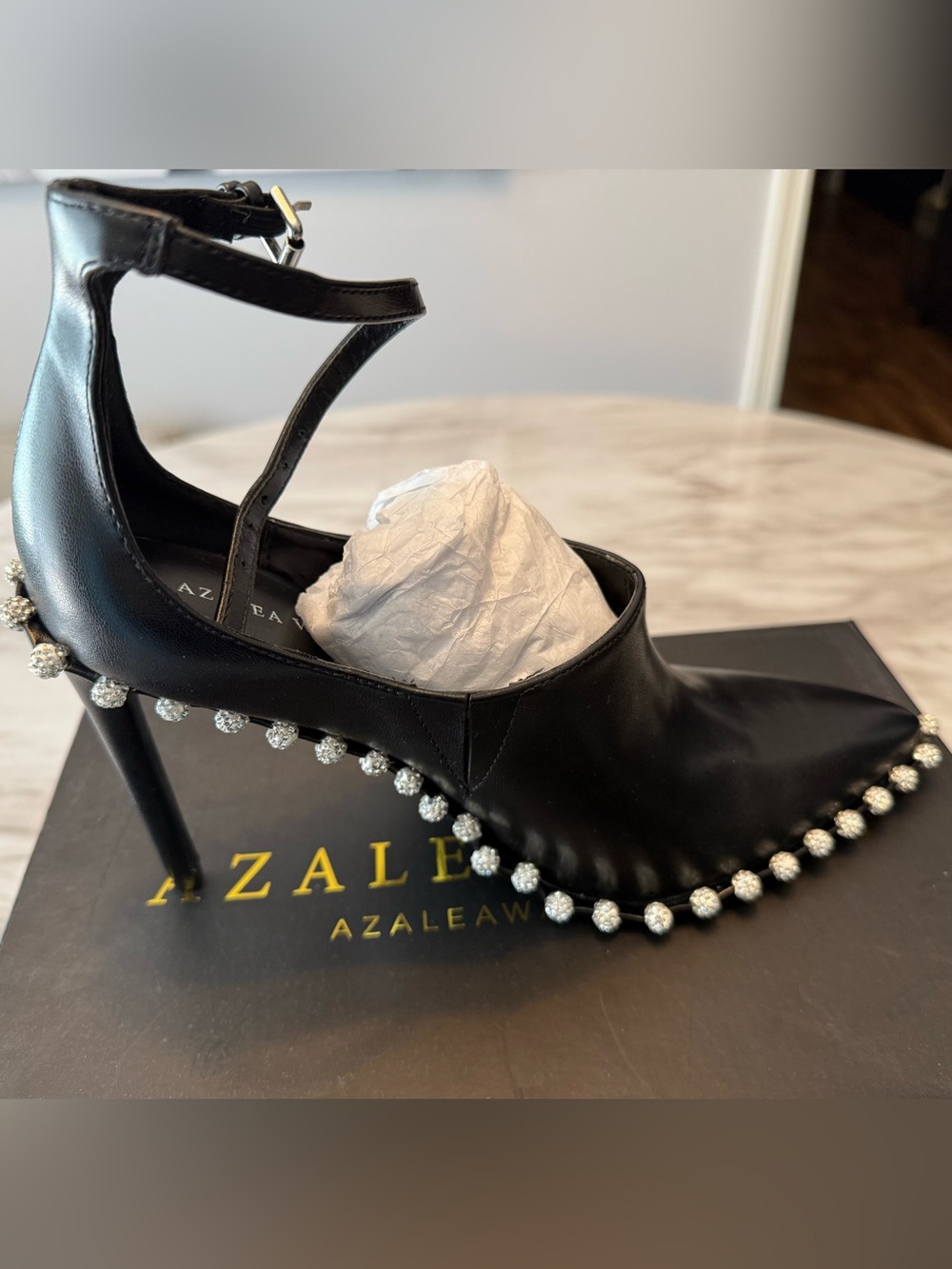 Azalea Wang Black Embellish-Trim Ankle Strap Stiletto